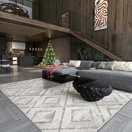 Gri Geometrik Desenli Kaymaz Taban Salon Halısı Koridor Eskitme Vintage