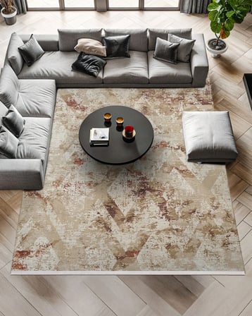 Krem Geometrik Desenli Kaymaz Tabanlı Modern Salon Halısı Koridor Halısı