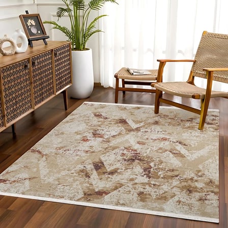 Krem Geometrik Desenli Kaymaz Tabanlı Modern Salon Halısı Koridor Halısı