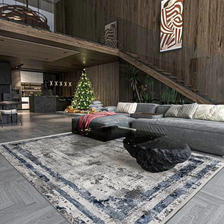 Mavi Ekru Eskitme Salon Halısı Kaymaz Taban Soyut Tasarım Koridor Uyumlu