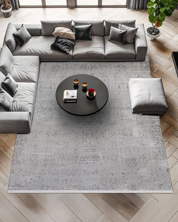 Gri Soyut Desenli Kaymaz Tabanlı Modern Salon Halısı Eskitme Dokulu