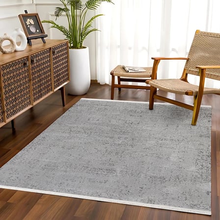 Gri Soyut Desenli Kaymaz Tabanlı Modern Salon Halısı Eskitme Dokulu