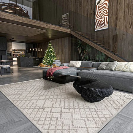 Ekru Geometrik Dijital Baskı Salon Halısı Kaymaz Tabanlı Modern Koridor Halısı