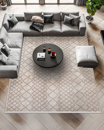 Ekru Geometrik Dijital Baskı Salon Halısı Kaymaz Tabanlı Modern Koridor Halısı