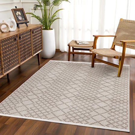 Ekru Geometrik Dijital Baskı Salon Halısı Kaymaz Tabanlı Modern Koridor Halısı