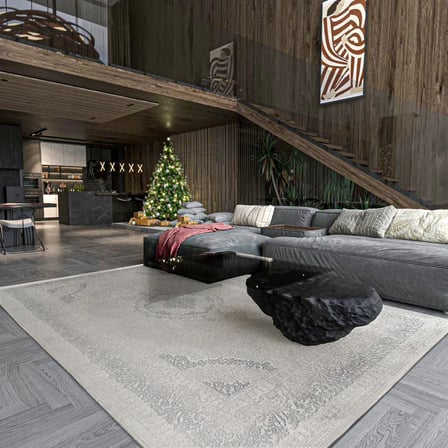 Gri Klasik Madalyon Desenli Dijital Baskı Salon ve Koridor Halısı Kaymaz Tabanlı