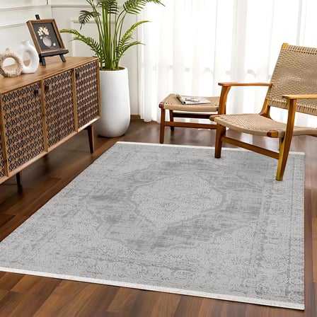 Gri Eskitme Madalyon Desenli Kaymaz Taban Salon Halısı Vintage Stil