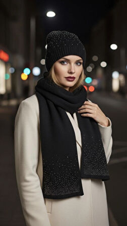 Black Shine Premium Taşlı Bere Atkı Seti