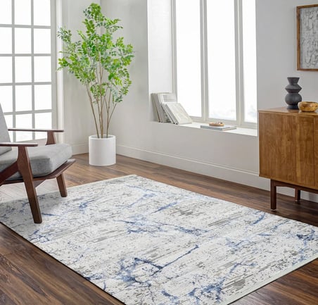 Beyaz Mavi Mermer Damarlı Soyut Modern Kaymaz Taban Salon Halısı Dijital Baskı