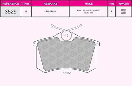 Beser 3529 Arka Fren Balatası Golf IV Bora Audı A1 A3 A4 A6 A8 Altea Cordoba Ibıza III IV V Megane II III Megane IV Hb Fluence C3 P307 P1007 Partner II Berlıngo II C3 Pıcasso C3 III Ds3 P207 1.4I 1.6I 16V 2.0I 2.0Hd P308 C4 P807 C7