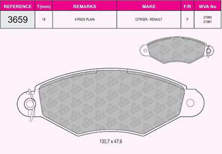 Beşer 3659 Ön Fren Balatası Kangoo 1.9D Kangoo 1.5DCI Xsara 1.4 1.5 P205 7701205513