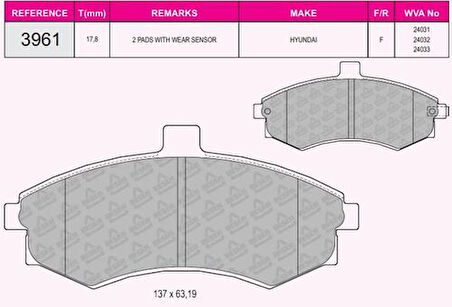 Beşer 3961 Ön Fren Balatası Hyundai Elantra 01-03 Matrı02-07 Matrı07- 5810117A010
