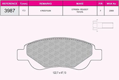 Beşer 3987 Ön Fren Balatası C1 1.0.1.4 HDI (06 05) P.107 1.0.1.4HDI (06 05) Toyota Aygo 1.0 1.4HDI 044650H020
