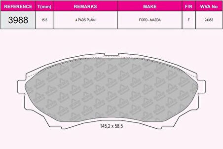 Beşer 3988 Ön Fren Balatası Mazda 4x4 B 2500 Ranger 02-06 2.5TD 3.0Td TAMT2K021RNG