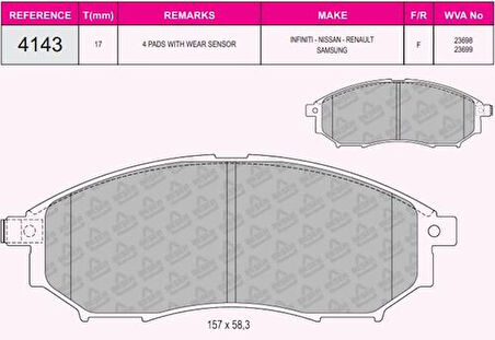 Beser 4143 Ön Fren Balatası Nıssan Qashqaı 2010> Navara 2008> Pathfınder 2010> Renault Kaleos 2008 2013 Ifınıtı E25 30 35 37 M35 M37 Q60 Q70 Qx50 2013>
