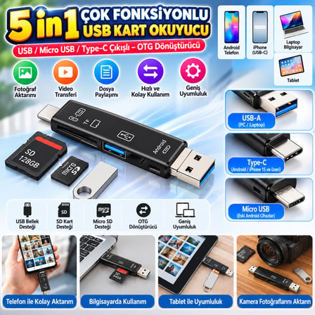 EN-CAG 5 In 1 Çok Fonksiyonlu USB 2.0 Micro Sd Kart Okuyucu - Usb/micro Usb/type-C Çıkışlı, Otg Çevirici BSS