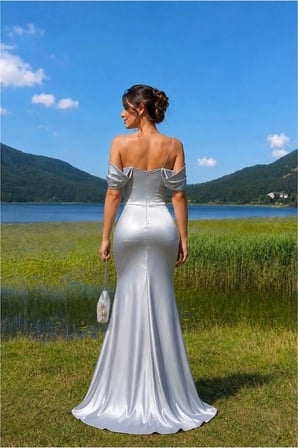 EN-CAG Saten Elbise Abiye Yaka Carmen Kumaş · Renk: Gri · Beden: M BSS