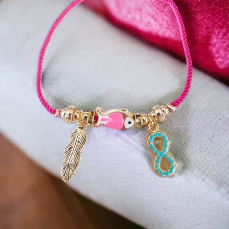 EN-CAG Ayarlanabilir Kordonlu Kararmaz Altın Kaplama Bayan Bileklik - Balık, Sonsuzluk ve Yaprak Charm Detaylı Moda Bileklik - Pembe Rekli BSS