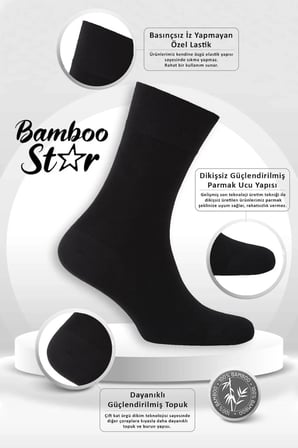 Bambu Erkek Soket Uzun Düz Siyah Çorap Dikişsiz 6'lı Premium Kutulu