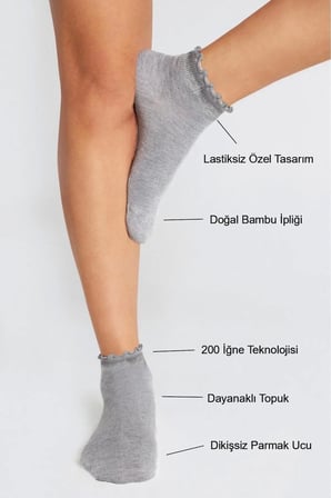 Bambu Kadın Kalp Desenli Fırfırlı Patik Lastiksiz Dikişsiz Gri Çorap 3Lü Paket