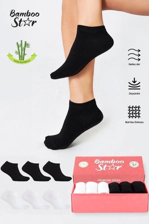 Bambu Kadın Patik Düz Asorti Çorap Dikişsiz Premium Kutulu 6'Lı (3 Siyah - 3 Beyaz)