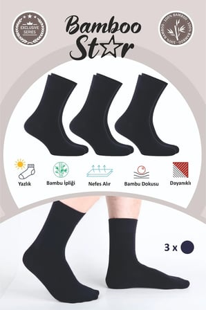 Bambu Erkek Yazlık Soket Klasik Uzun Düz Lacivert Çorap Dikişsiz Premium 3 Lü Paket