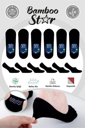 Bambu Erkek Babet Siyah Çorap Dikişsiz Görünmez Kaydırmaz Topuk Silikonlu Premium 6'lı Siyah Paket