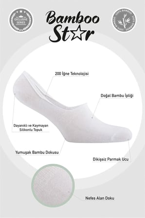 Bambu Erkek Babet Siyah - Beyaz Çorap Dikişsiz Görünmez Kaydırmaz Topuk Silikonlu Premium 4'Lü Paket