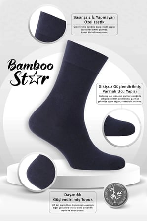 Bambu Erkek Soket Uzun Düz Asorti Çorap Dikişsiz 6'Lı Premium Kutulu (3 Si̇Yah - 3 Laci̇Vert)