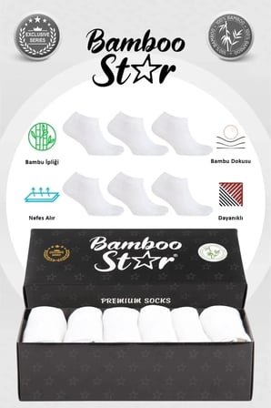 Bambu Erkek Patik Düz Beyaz Çorap Dikişsiz Premium Kutulu 6'lı