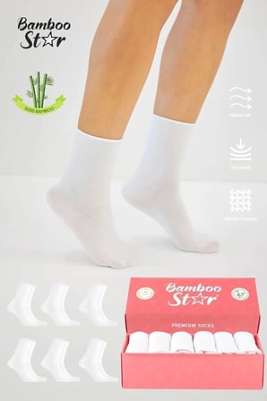 Bambu Kadın Lastiksiz Beyaz Soket Dikişsiz Premium Çorap 6'Lı Paket Sıkmayan Çorap - İz Bırakmaz