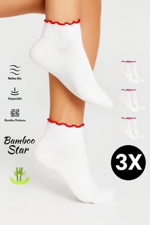 Bambu Kadın Kırmızı Fırfırlı Patik Lastiksiz Dikişsiz Beyaz Çorap 3Lü Paket