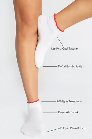 Bambu Kadın Kırmızı Fırfırlı Patik Lastiksiz Dikişsiz Beyaz Çorap 3Lü Paket