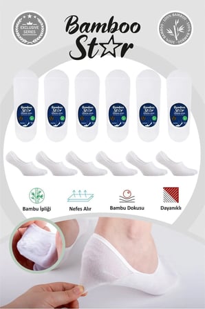 Bambu Erkek Babet Beyaz Çorap Dikişsiz Görünmez Kaydırmaz Topuk Silikonlu Premium 6'Lı Beyaz Paket
