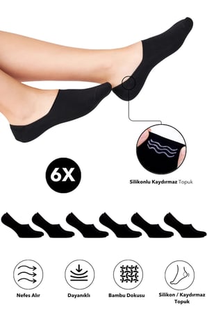 Bambu Kadın Babet Siyah Çorap Dikişsiz Görünmez Kaydırmaz Topuk Silikonlu Premium 6'Lı Siyah Paket