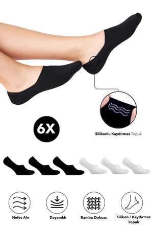 Bambu Kadın Babet Beyaz - Siyah Çorap Dikişsiz Görünmez Kaydırmaz Topuk Silikonlu 6'Lı Paket