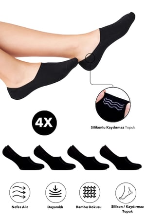 Bambu Kadın Babet Siyah Çorap Dikişsiz Görünmez Kaydırmaz Topuk Silikonlu Premium 4'Lü Siyah Paket