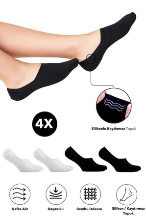 Bambu Kadın Babet Siyah - Beyaz Çorap Dikişsiz Görünmez Kaydırmaz Topuk Silikonlu 4'lü Paket