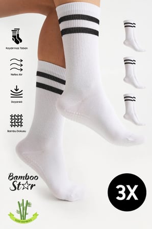 Bambu Kadın Beyaz Kaydırmaz Taban Silikon Baskı Yoga Fitness Pilates Bale Dans Tenis Çorabı 3'lü