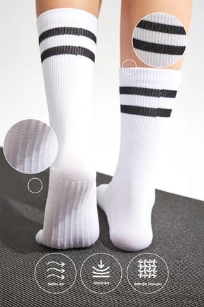 Bambu Kadın Beyaz Kaydırmaz Taban Silikon Baskı Yoga Fitness Pilates Bale Dans Tenis Çorabı 3'lü