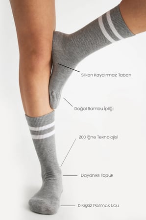 Bambu Kadın Gri Kaydırmaz Taban Silikon Baskı Yoga Fitness Pilates Bale Dans Tenis Çorabı 3'lü