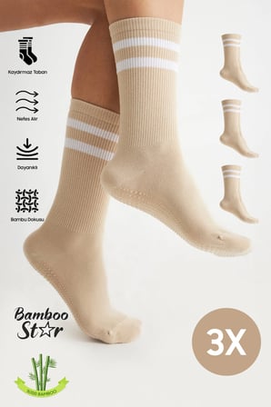 Bambu Kadın Krem Kaydırmaz Taban Silikon Baskı Yoga Fitness Pilates Bale Dans Tenis Çorabı 3'lü