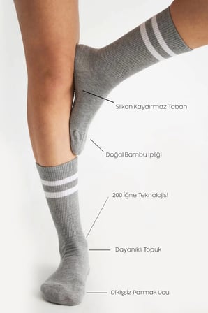 Bambu Kadın Gri Kaydırmaz Taban Silikon Baskı Yoga Fitness Pilates Bale Dans Tenis Çorabı