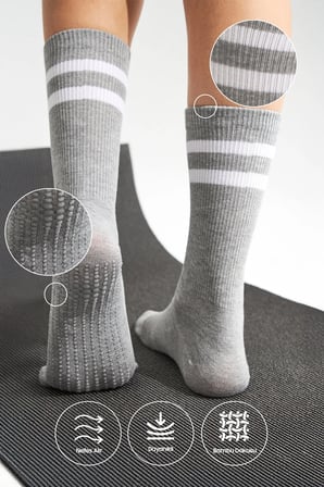 Bambu Kadın Kaydırmaz Taban Silikon Baskı Yoga Fitness Pilates Bale Dans Kaymaz Tenis Çorabı 3'lü