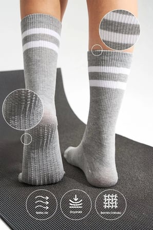 Bambu Kadın Kaydırmaz Taban Silikon Baskı Yoga Fitness Pilates Bale Dans Kaymaz Tenis Çorabı 3'lü