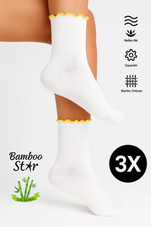 Bambu Kadın Sarı Fırfırlı Lastiksiz Dikişsiz Kadın Soket 3Lü Beyaz Çorap / İ̇Z Bırakmaz / Sıkmayan Çorap