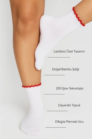 Bambu Kadın Lastiksiz Kırmızı Fırfırlı Lastiksiz Dikişsiz Kadın Soket Çorap İ̇Z Bırakmazsıkmayan Çorap