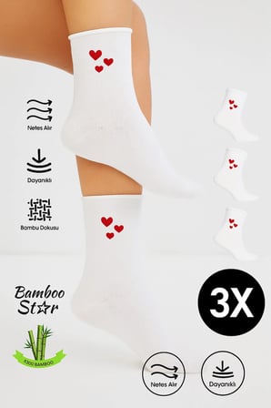 Bambu Kadın Lastiksiz Beyaz Soket Dikişsiz Kalp Desenli Çorap 3'Lü Paket Sıkmayan Çorap / İ̇Z Bırakmaz