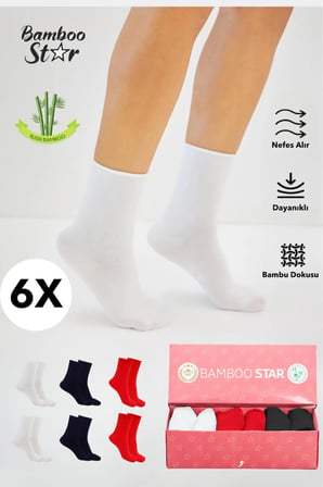 Bambu Kadın Lastiksiz Beyaz-Siyah-Kırmızı Soket Dikişsiz Çorap 6'Lı Paket Sıkmayan Çorap İz Bırakmaz