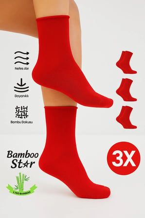 Bambu Kadın Kırmızı Lastiksiz Soket Dikişsiz Premium Çorap 3'Lü Paket Sıkmayan Çorap / İ̇Z Bırakmaz